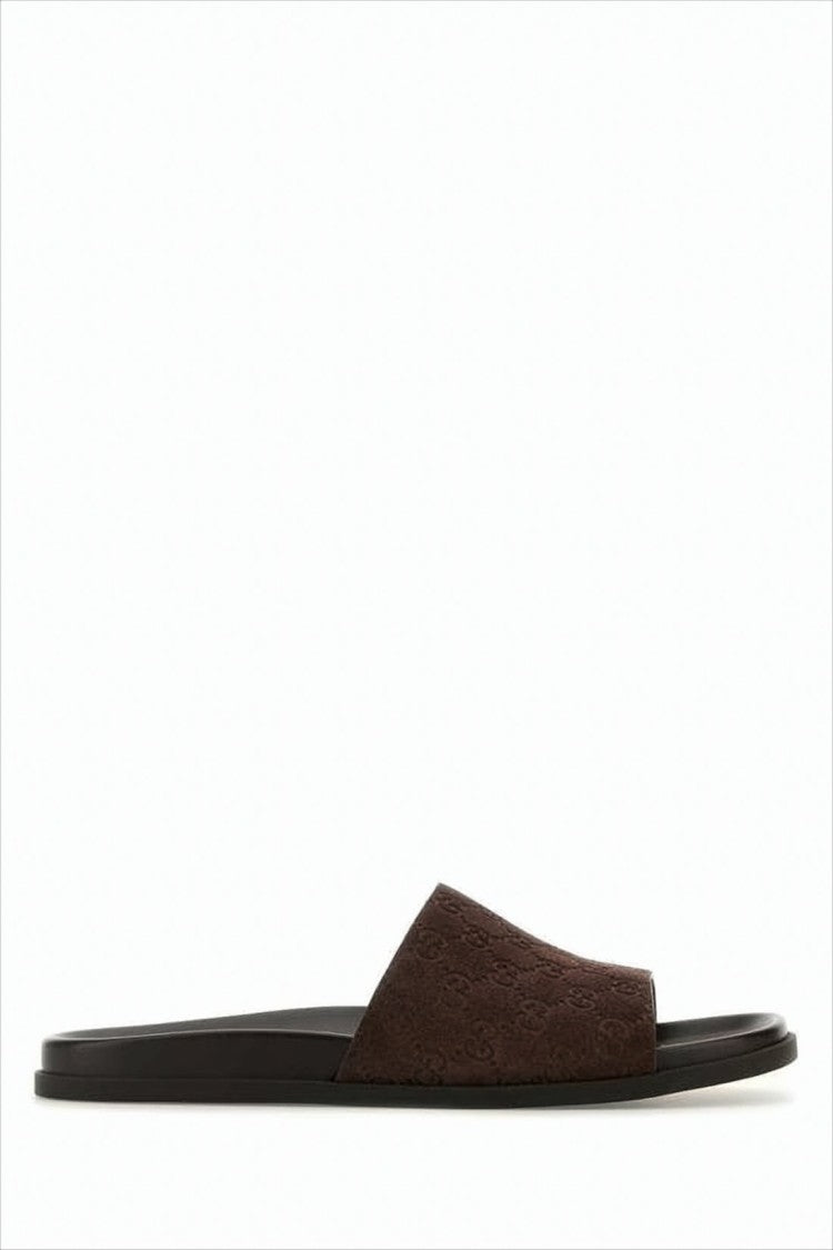 Brown Suede Sandals with Embossed Strap