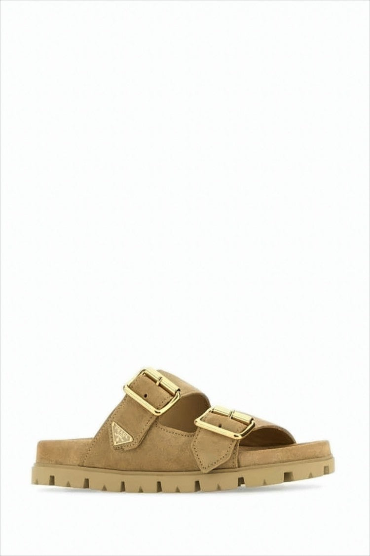 Brown Calf Leather Mule Sandals With Gold-Tone Buckles