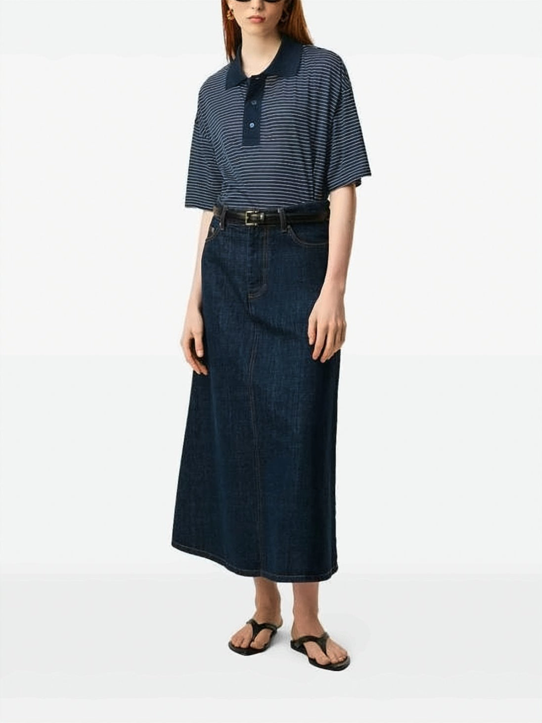 Cropped Navy Blue Striped Polo Shirt With Heart Logo