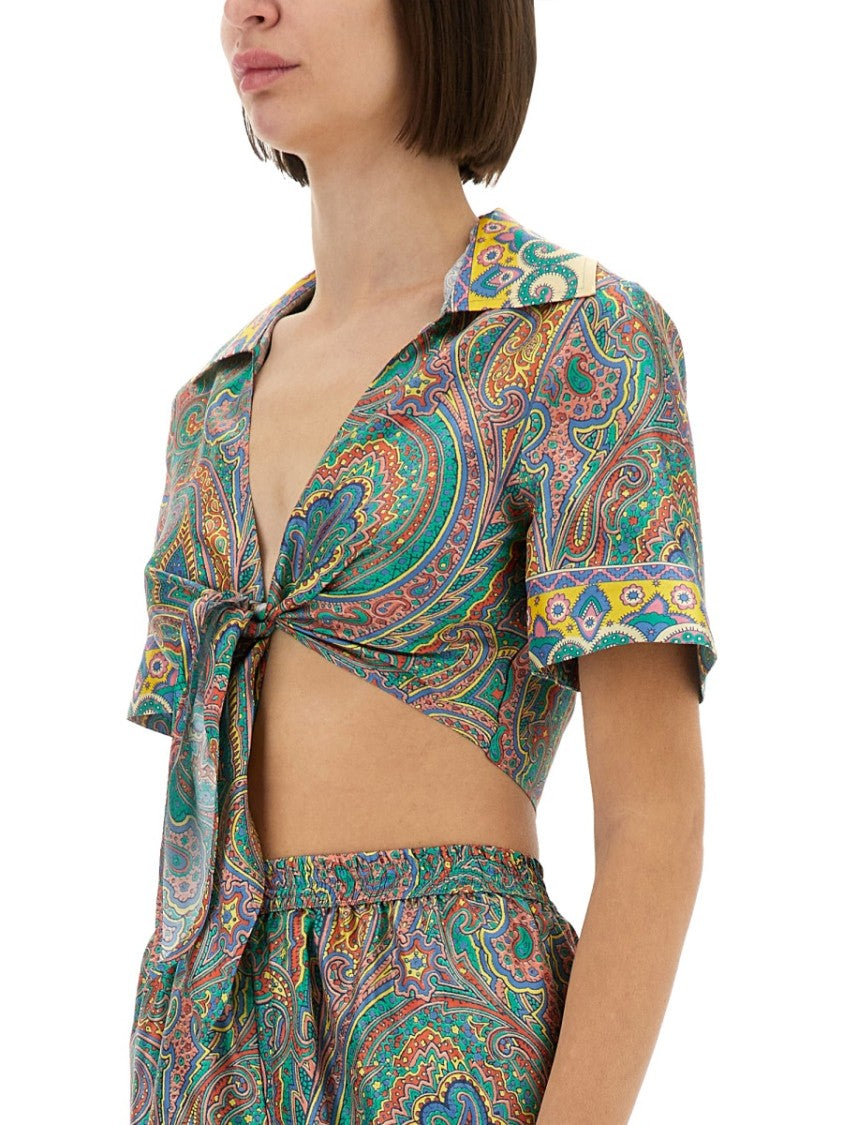 Cropped Paisley Print Silk Top