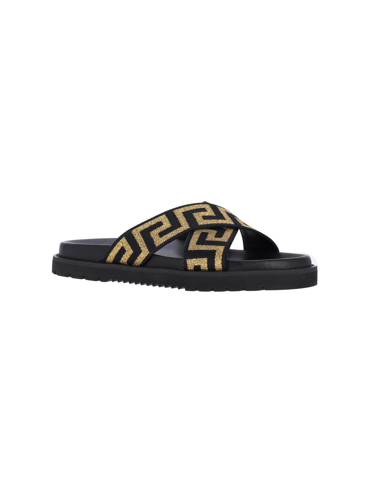 Cross-strap Slip-On Sandals with Gold Greca Motif
