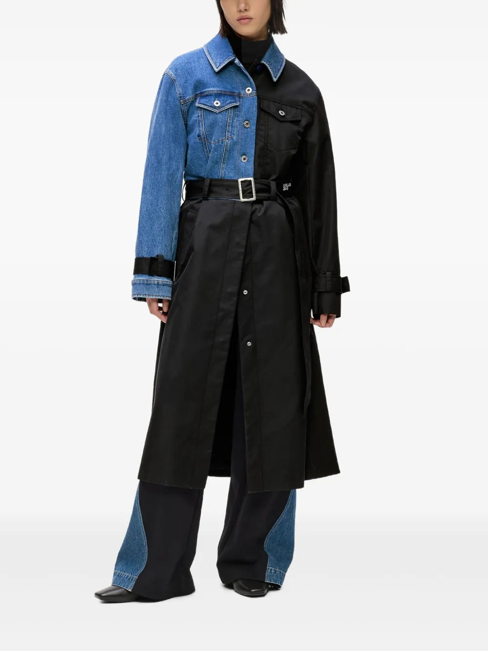Half-and-Half Denim and Fabric Trench Coat