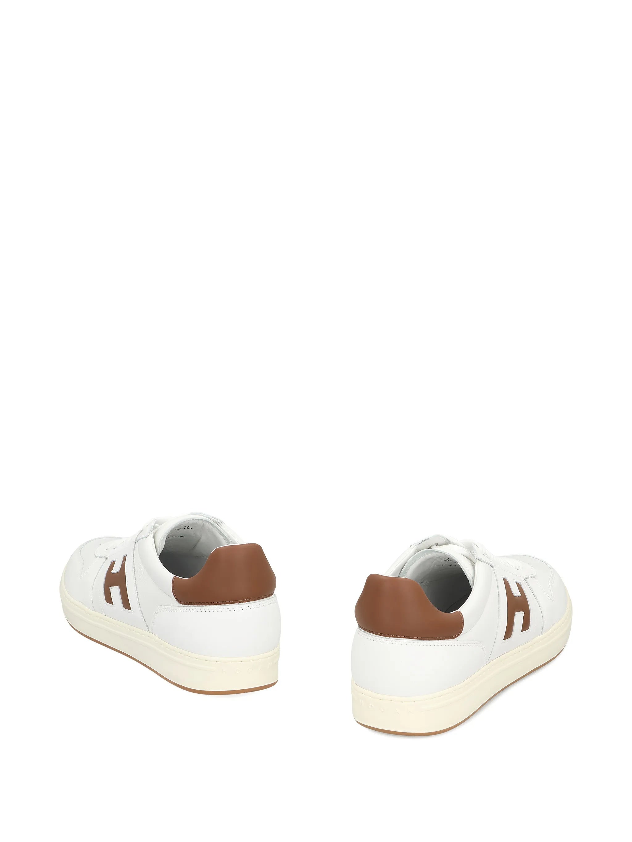 White Low-Top Brown Accent Logo Sneakers