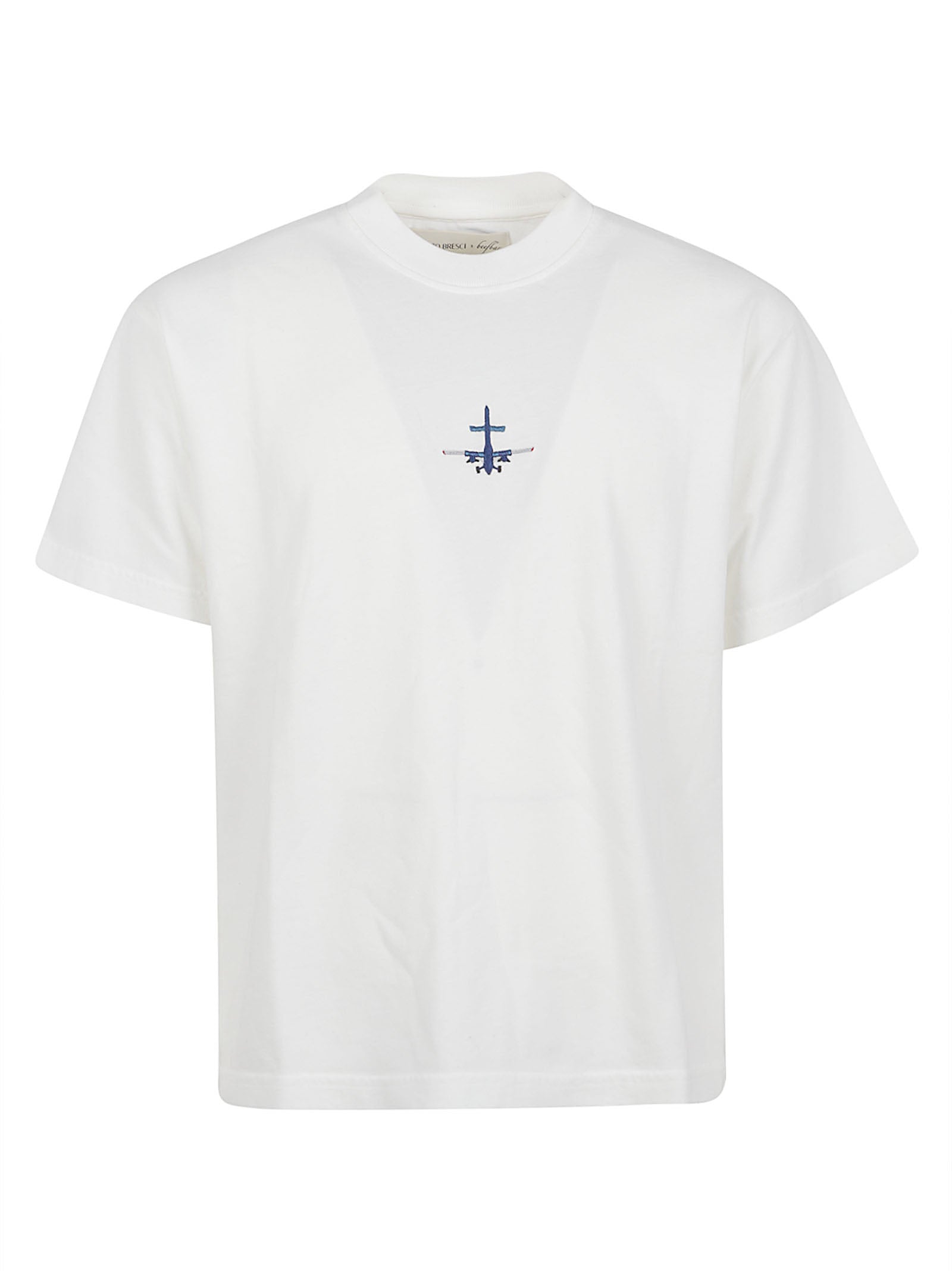 White Short-Sleeved T-Shirt with Airplane Embroidery