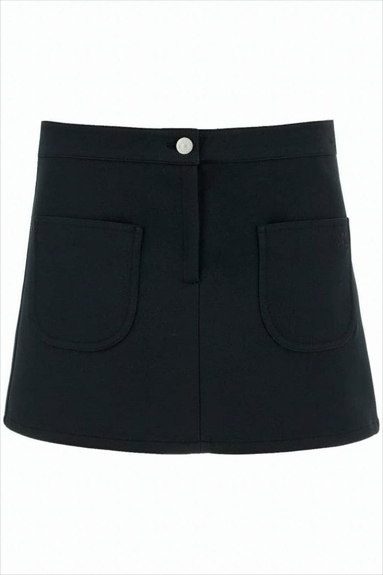 Structured Black Mini Skirt With Front Button Closure And Rounded Pockets