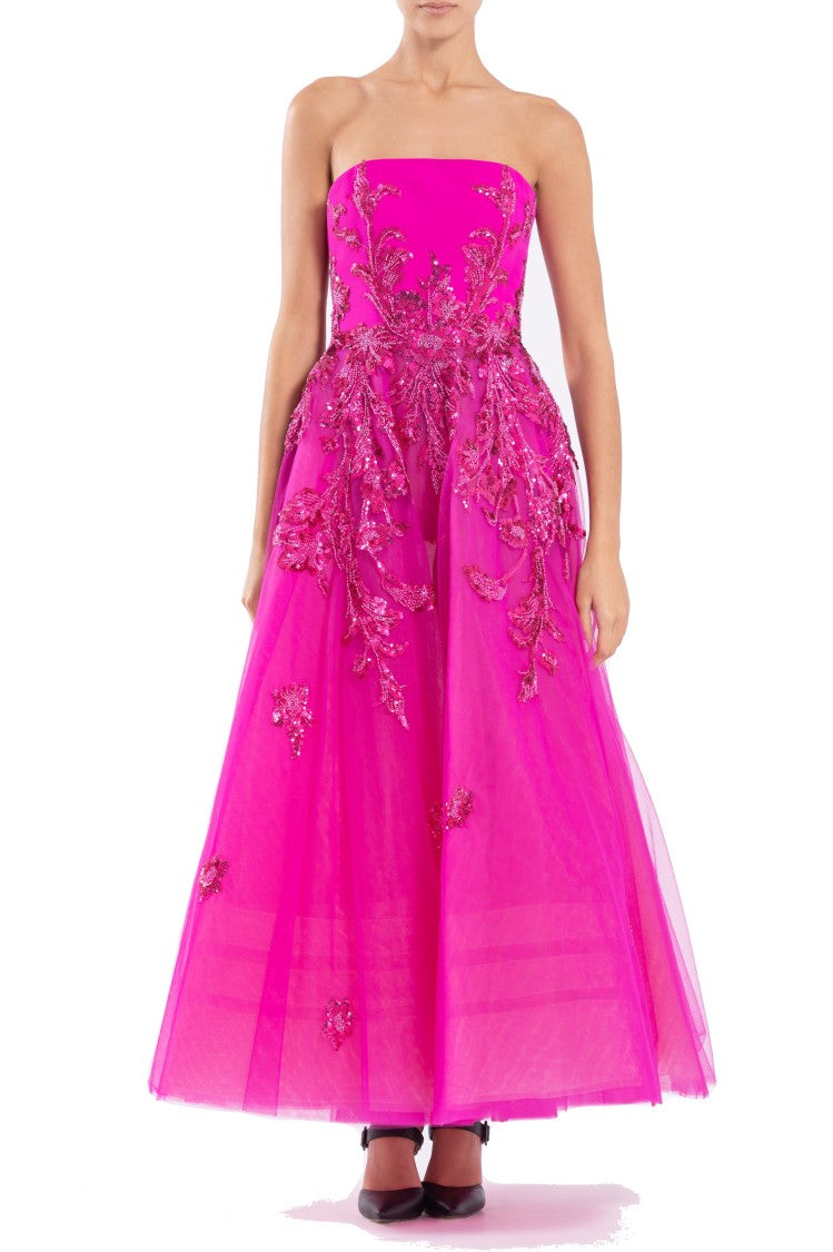 Tulle Beaded Dress With A Crepe Strapless Top