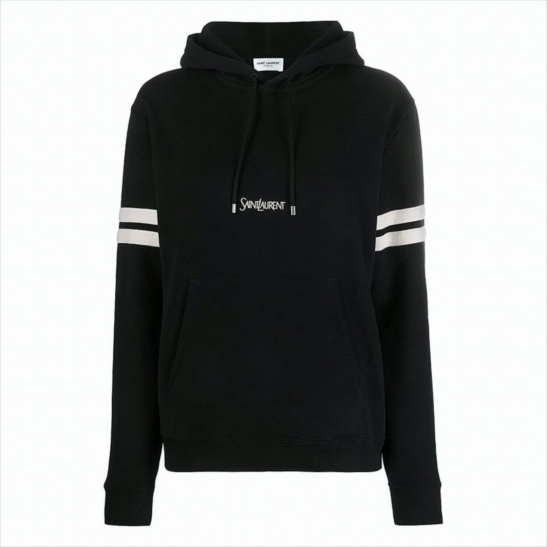 Embroidered Logo Black Hoodie with Striped Sleeves