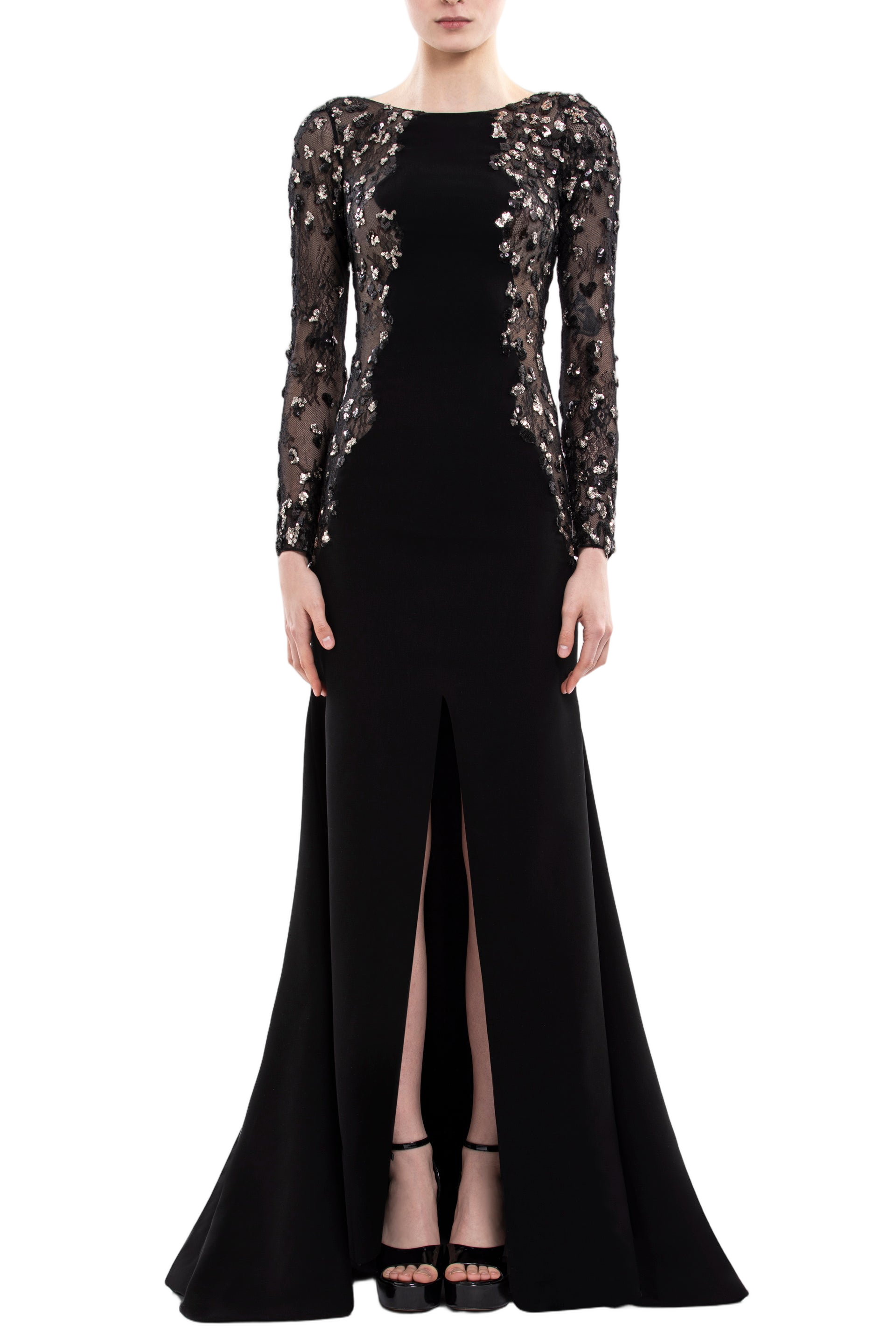 Embellished Crepe Long Dress with Sheer Sleeves and Sequined Detail