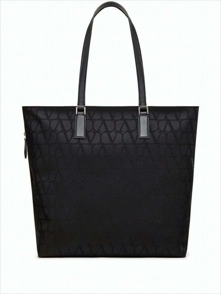 Structured Black Tote Bag with Embossed Logo Motif
