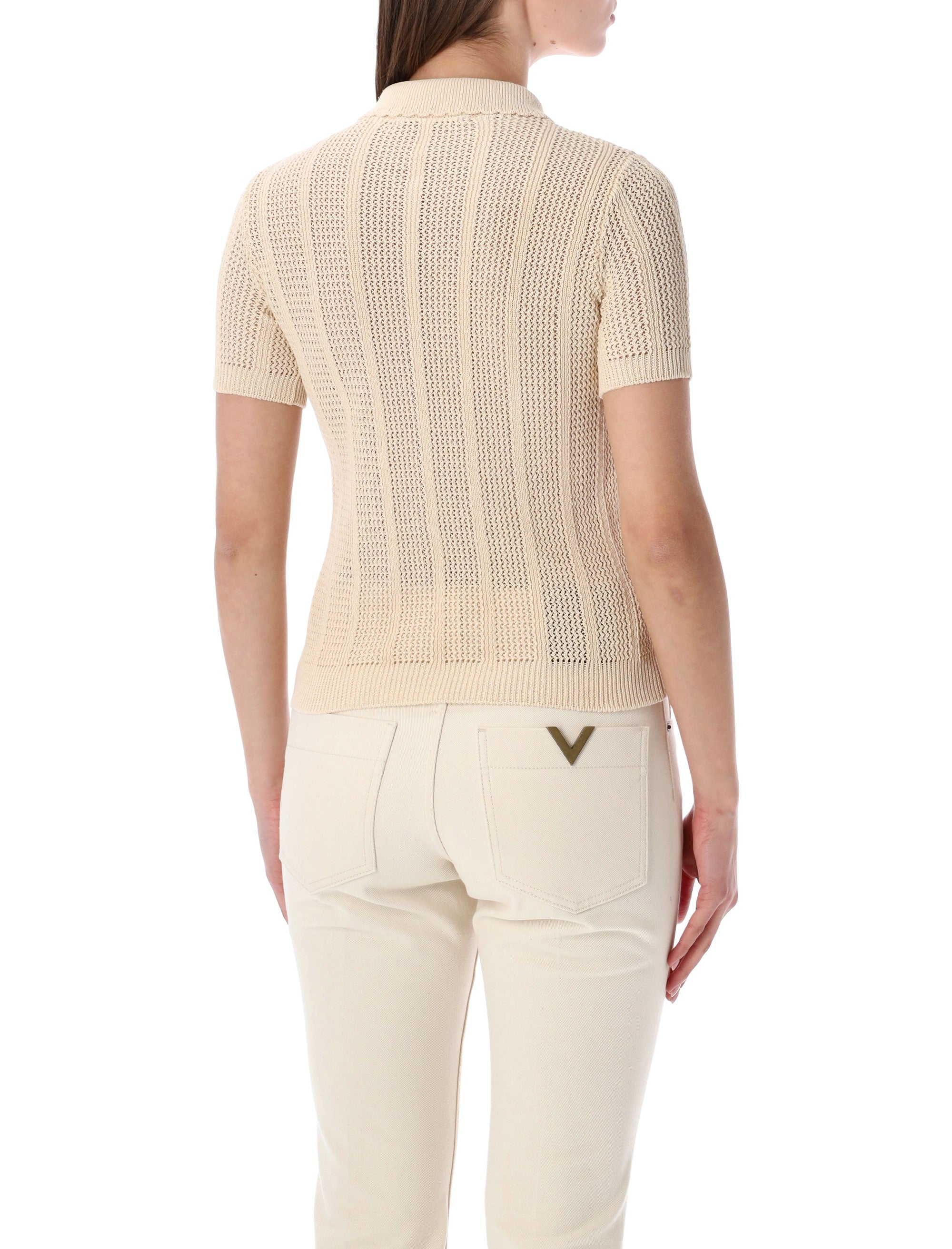 Open-Knit Polo Shirt with Zip Closure and Decorative Cherry Details