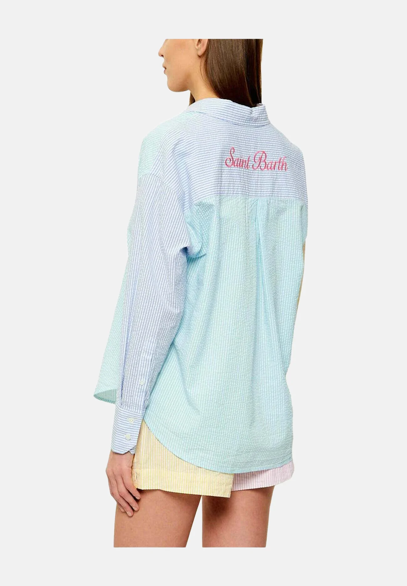 Patchwork Button-Up Shirt with Vertical Stripes