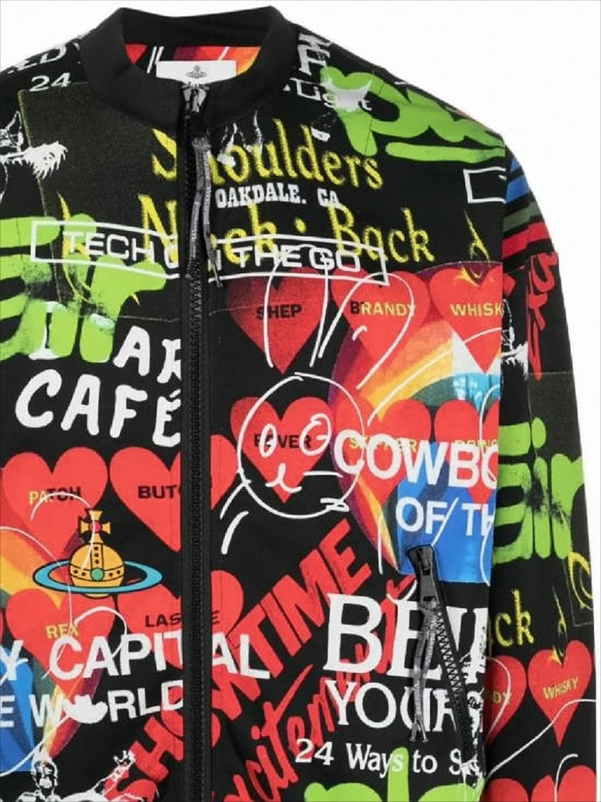 Graffiti-Print Bomber Jacket with Zippered Pockets