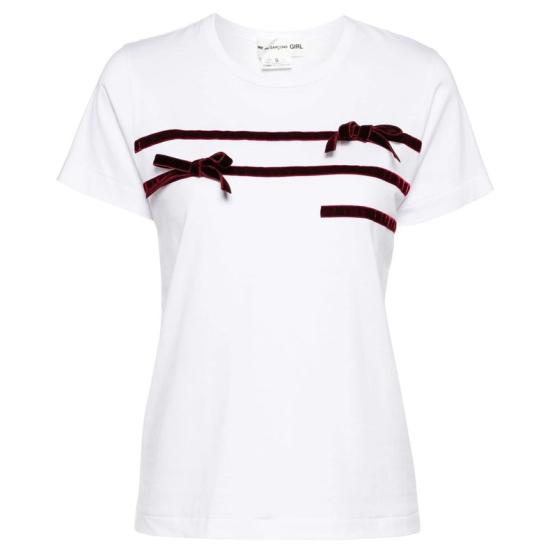 Short-Sleeved Cotton T-Shirt With Velvet Ribbon Accents