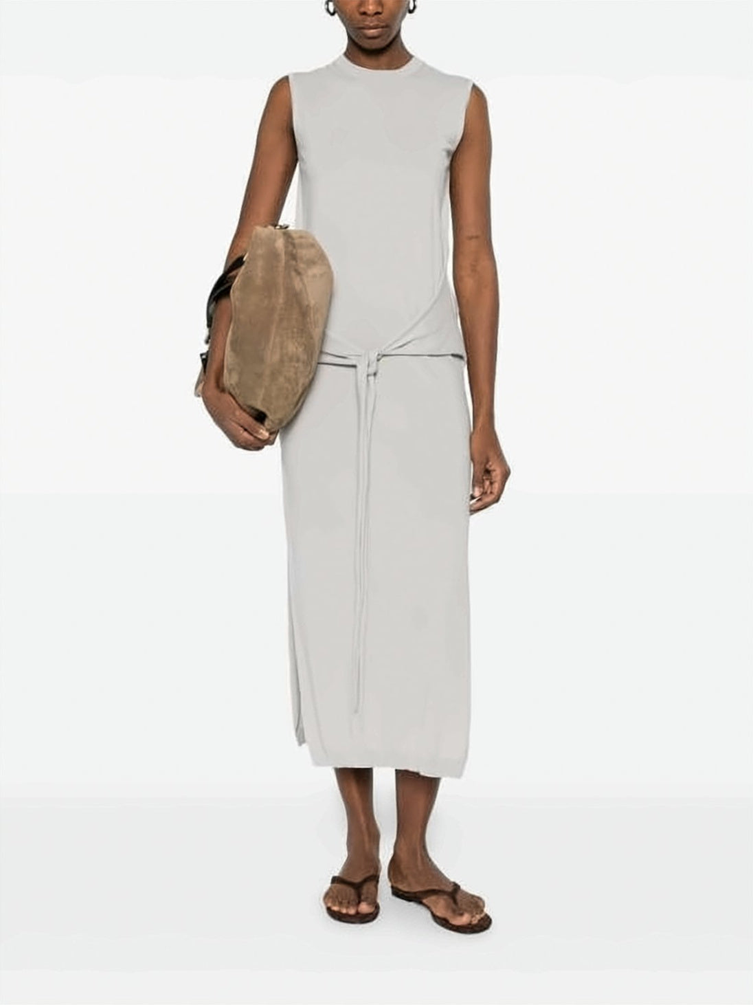 Sleeveless Grey Midi Dress with Fabric Belt