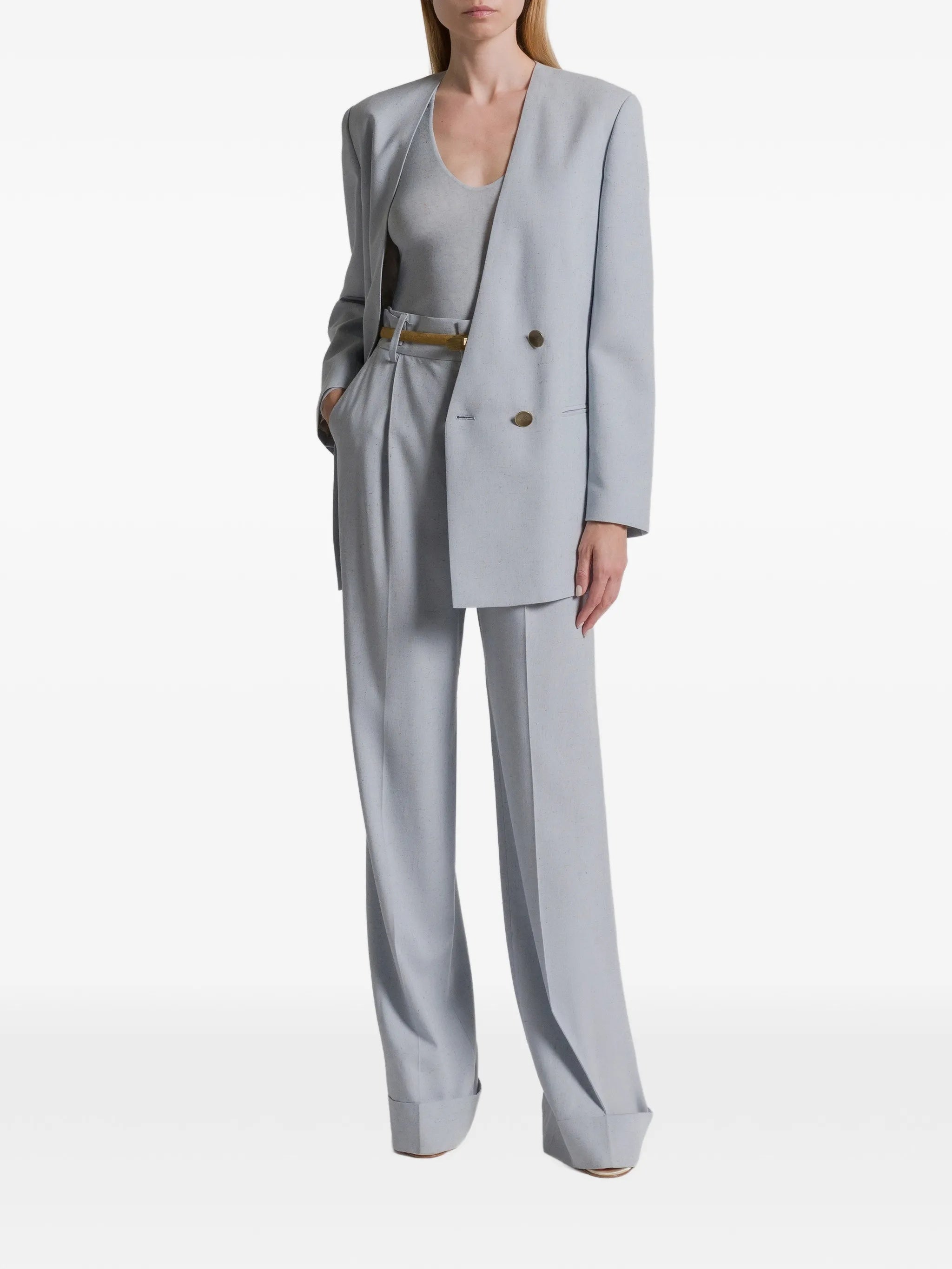 Blue Double-Breasted Padded Viscose Blazer
