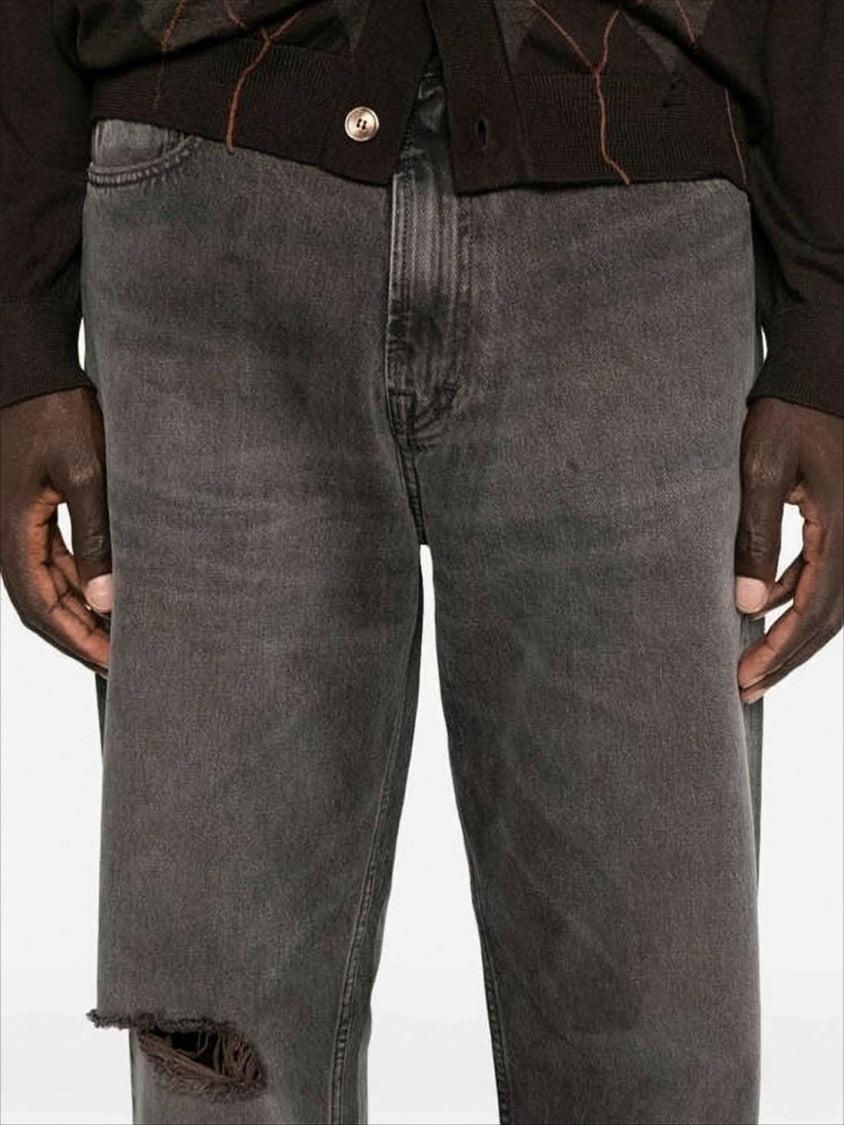 Distressed Black Denim Pants with Relaxed Fit