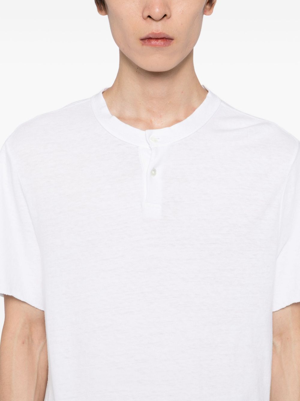 Henley Collar White T-Shirt With Raw Edges