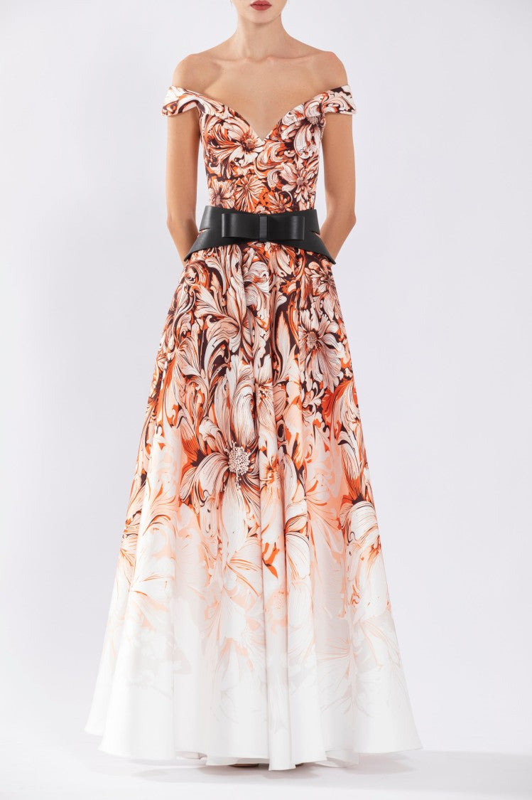 Mikado Printed Dress With Off-Shoulder Sleeves