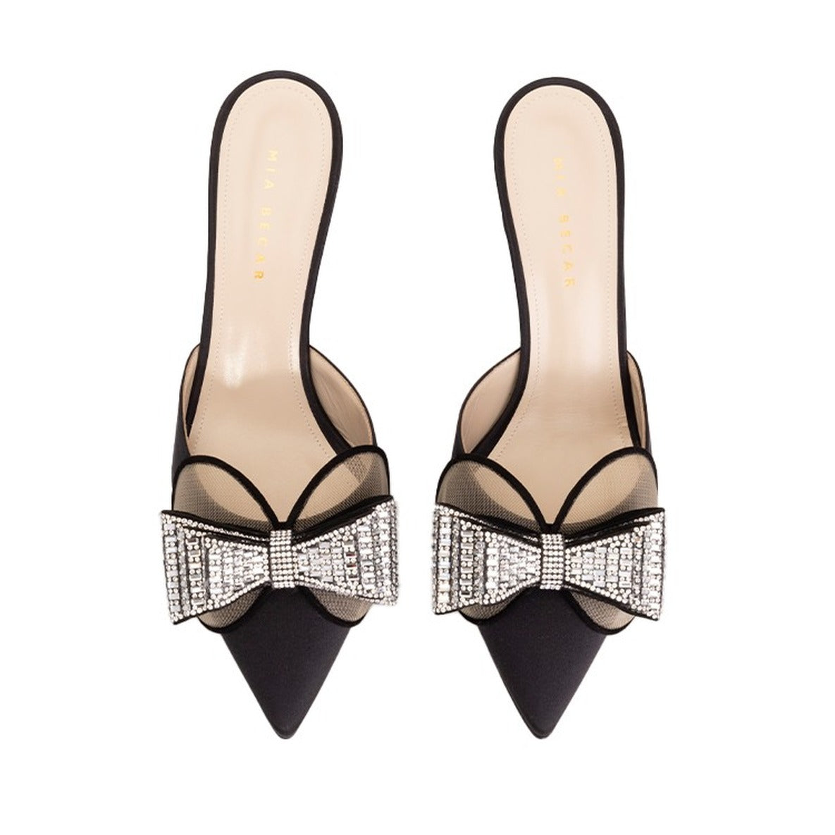 Satin-Embellished Black Sandals With Pointed Toe Design