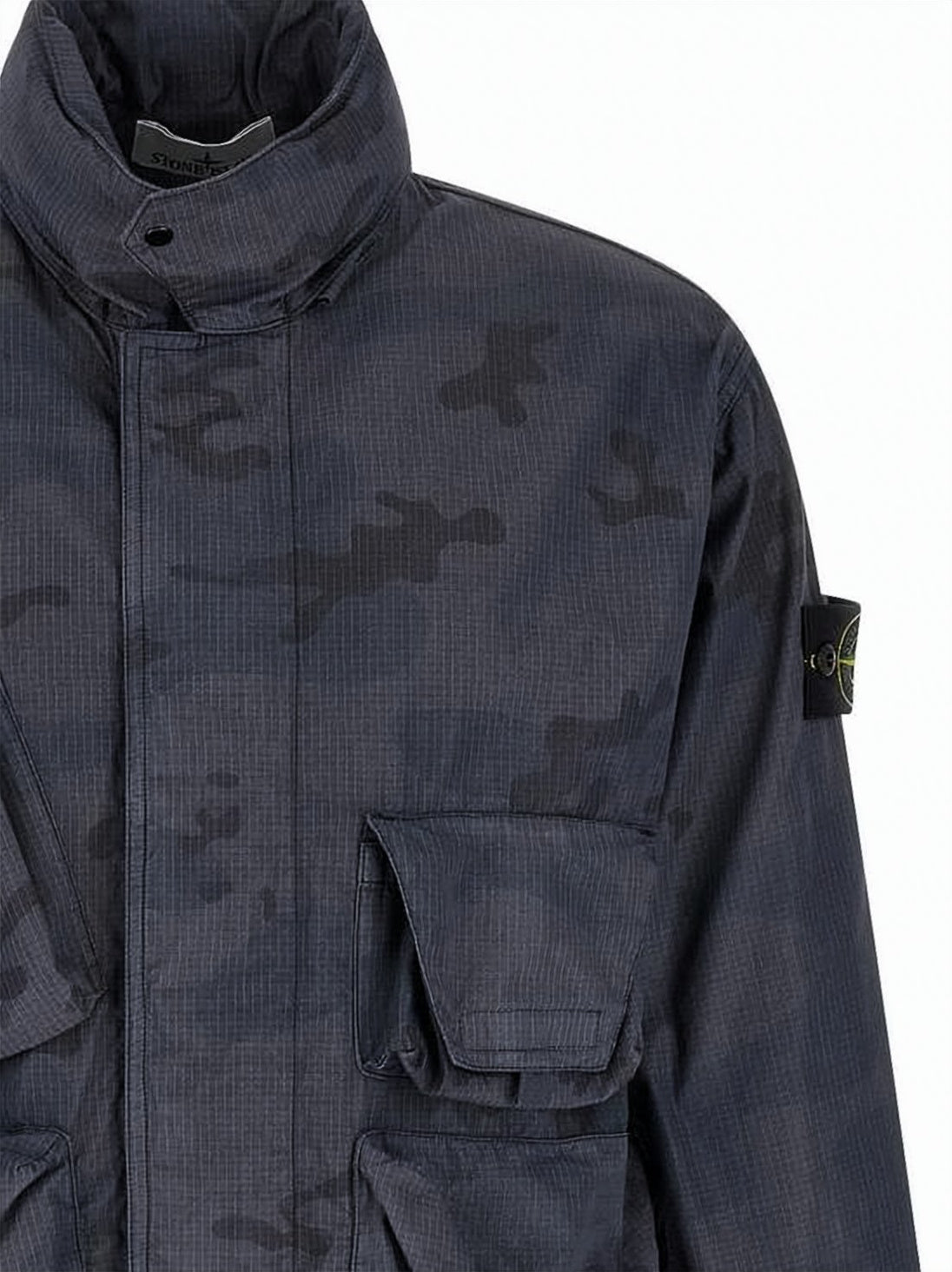 Utility-Enhanced High Collar Jacket with Ripstop Texture