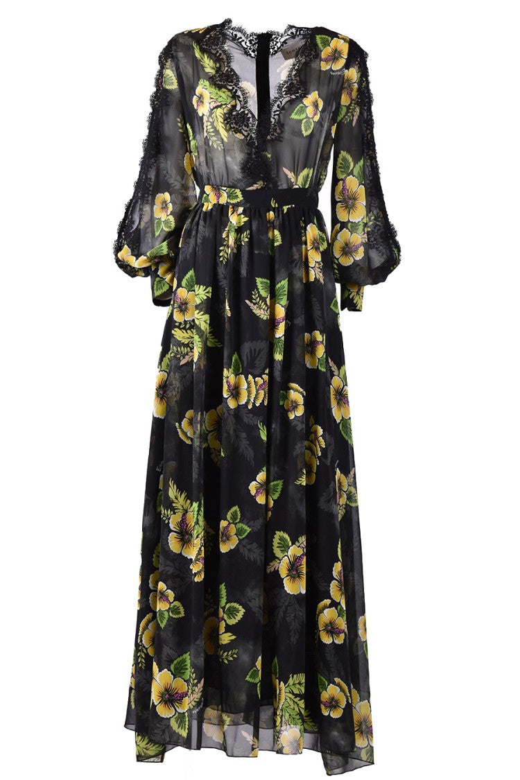 Maxi Dress With Floral Print And Sheer Lace Details