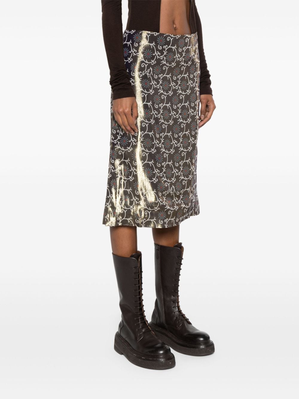 Gold-Tone Lamé Floral Print Pencil Skirt