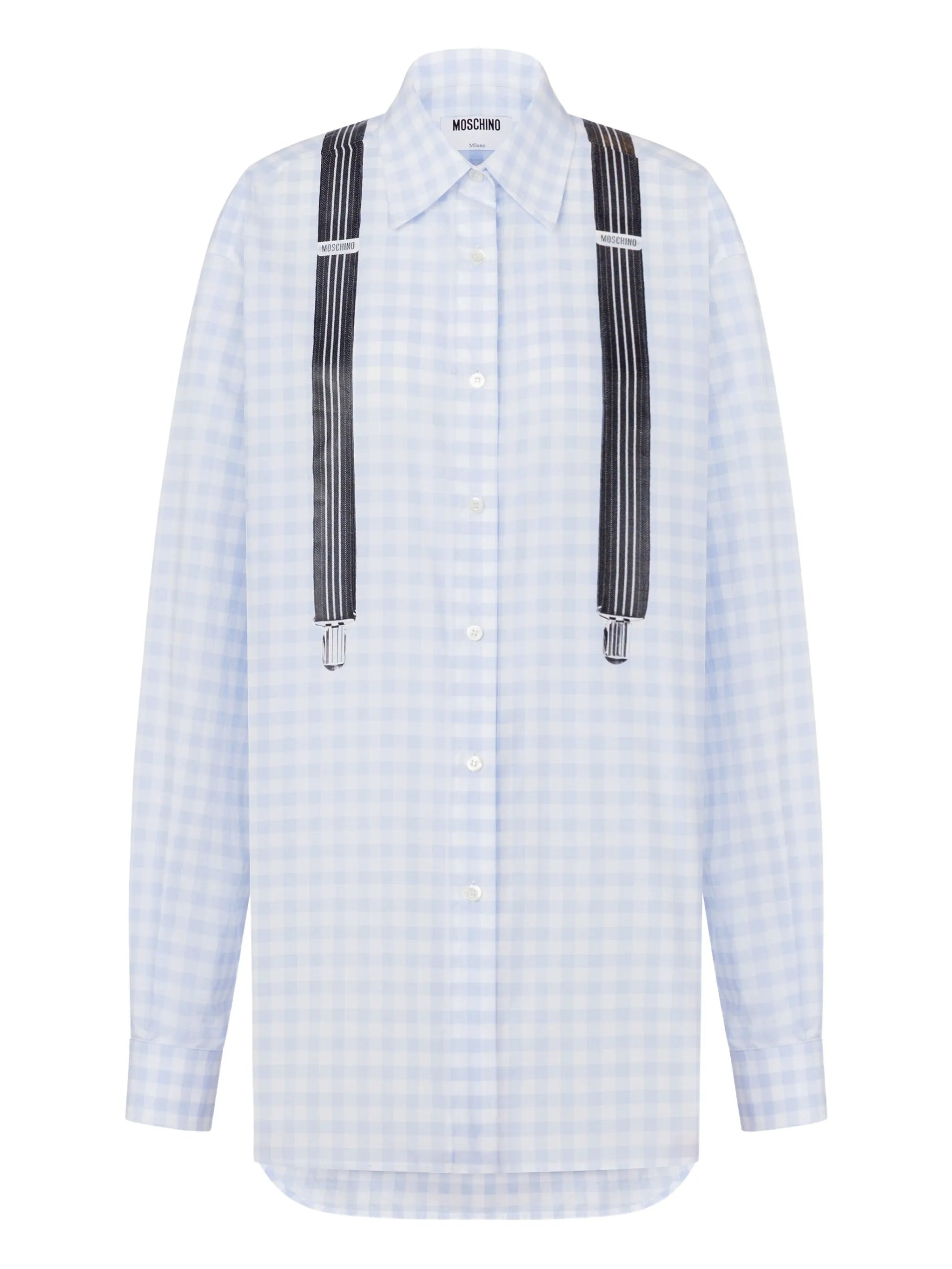Light Blue Gingham Check Cotton Long-Sleeved Shirt