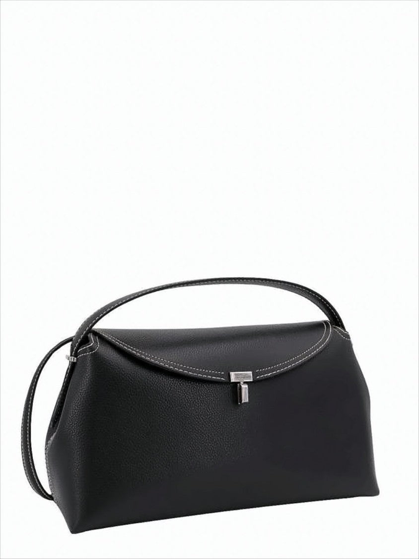Structured Black Leather Shoulder Bag With Flap Closure