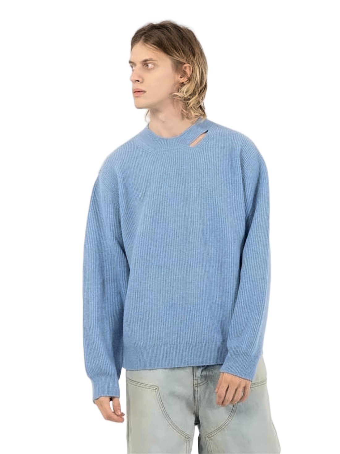 Light Blue Ribbed Knit Sweater with Distressed Neckline