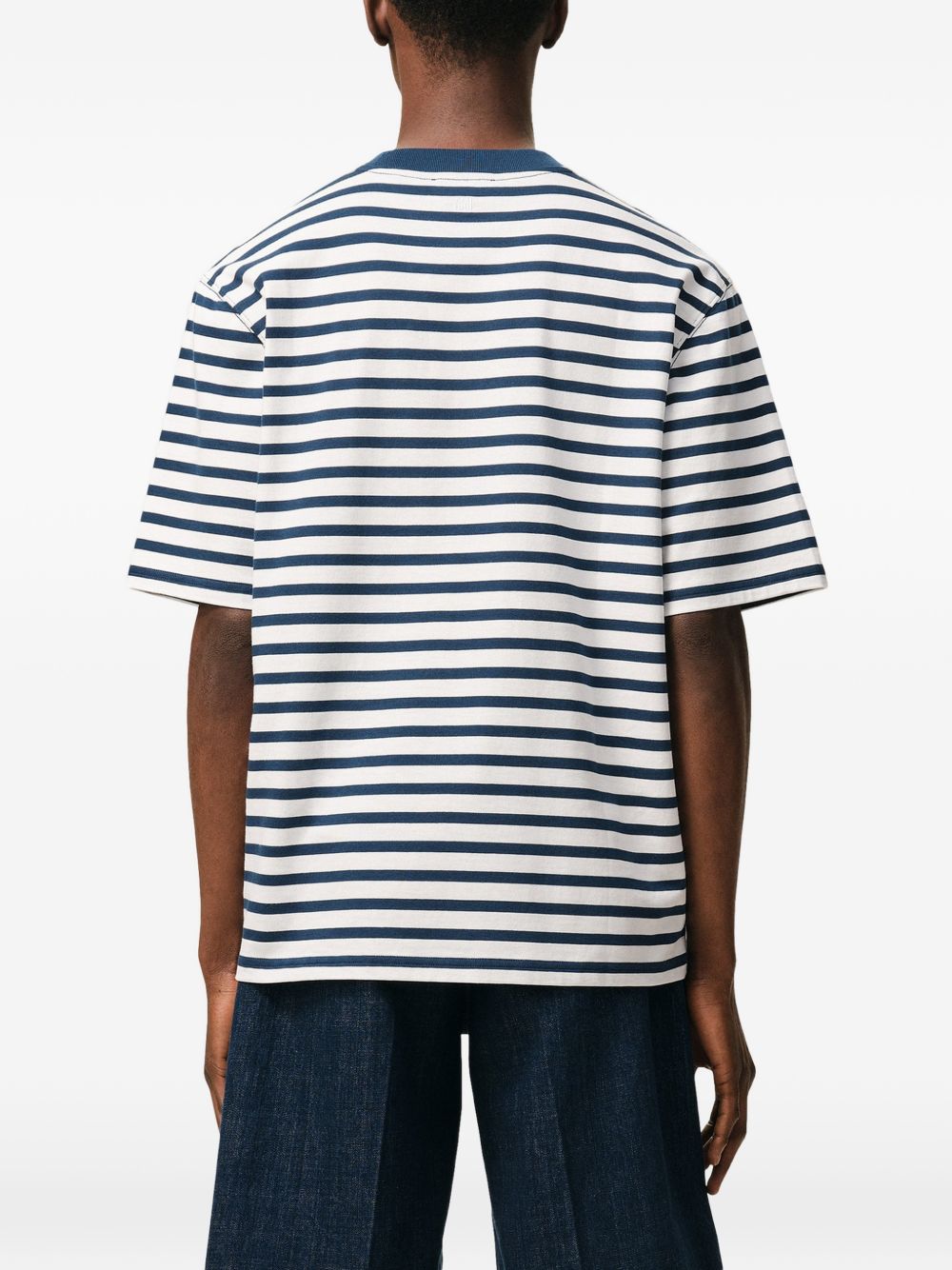 Blue/White Cotton Striped Embroidered T-Shirt
