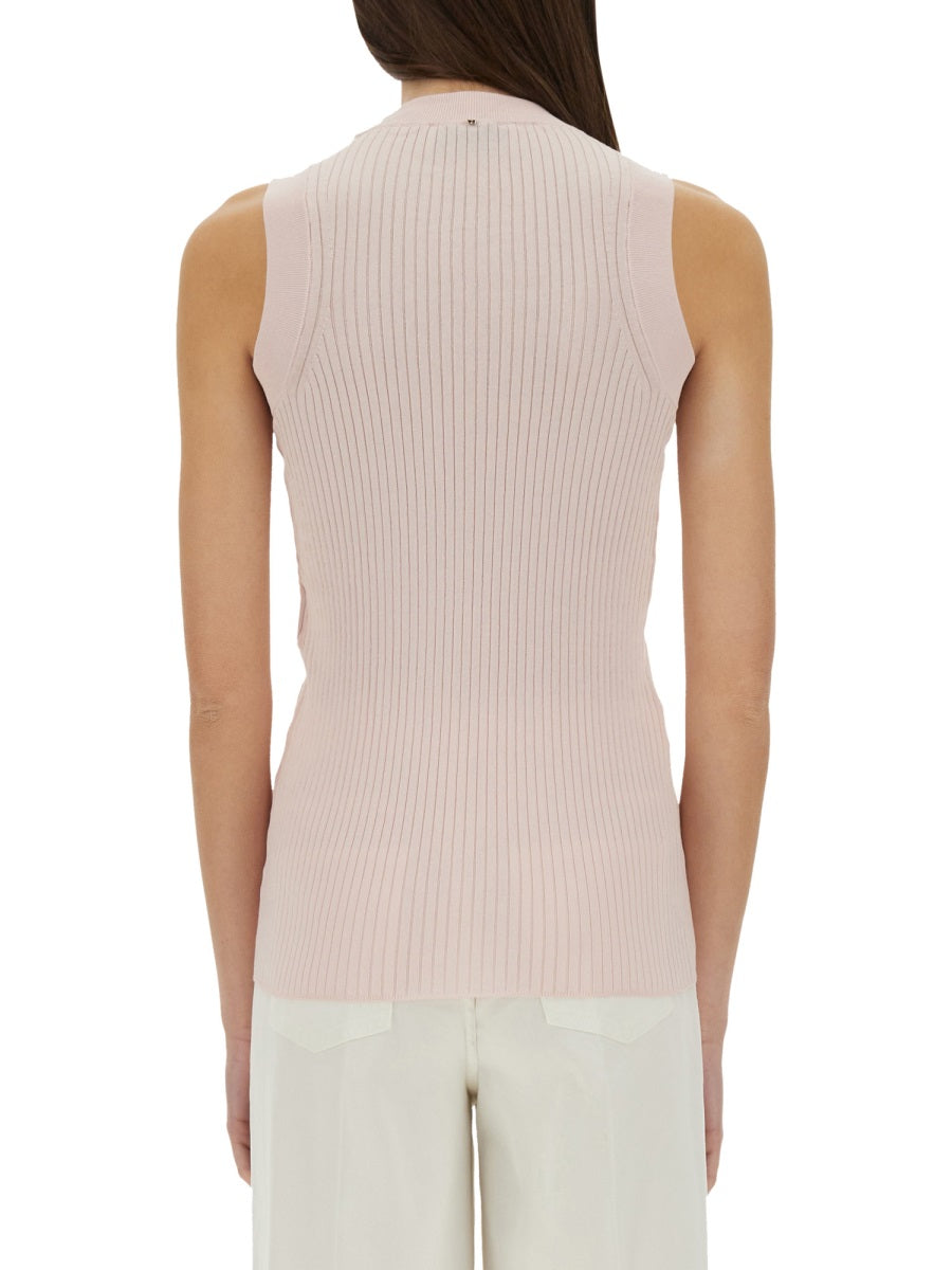 Ribbed Sleeveless Top With High Round Neckline