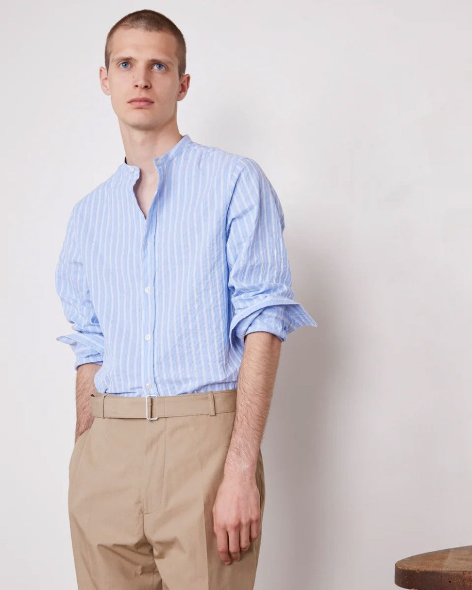 Band Collar Shirt With Gathered Pleats