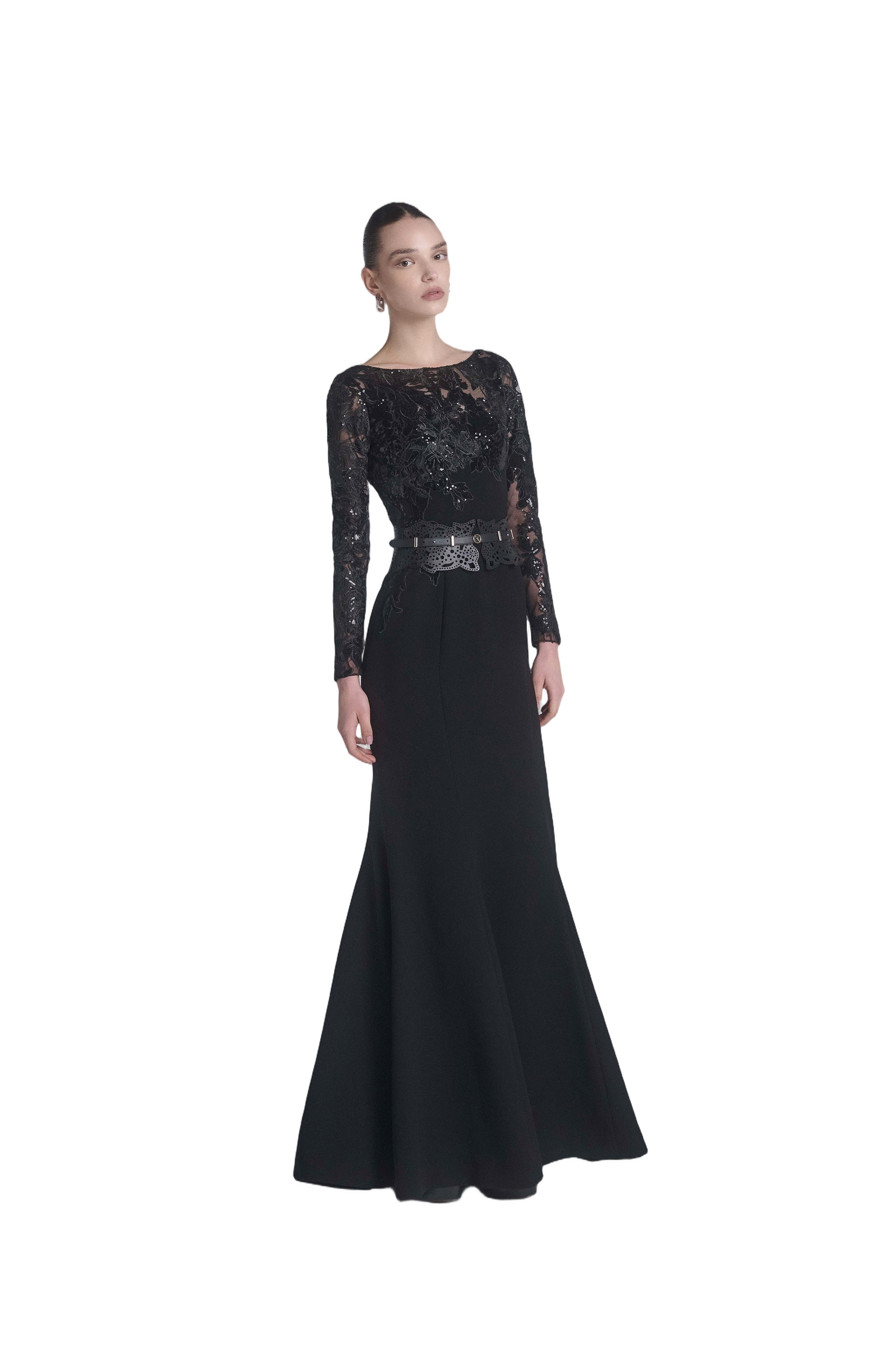 Embroidered Crepe Dress With Leather Belt