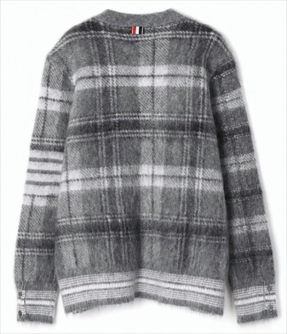 Plaid Textured Knit Cardigan with Contrasting Striped Details