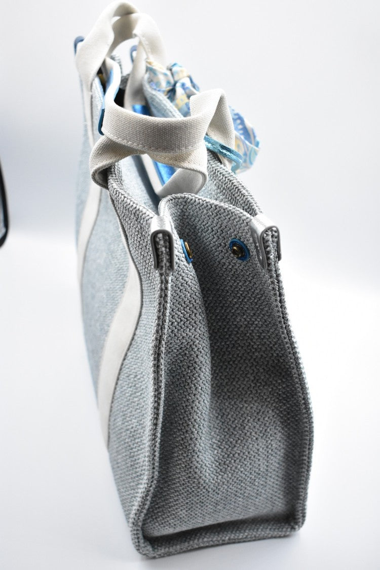 Textured Grey Tote Bag With Decorative Scarf