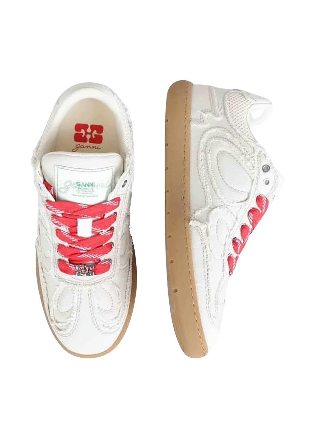 Textured White Sneakers with Red Laces