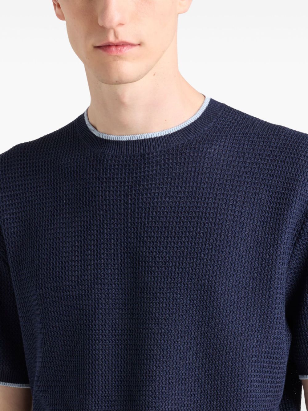 Navy Blue Short-Sleeve Sweater With Contrasting Border