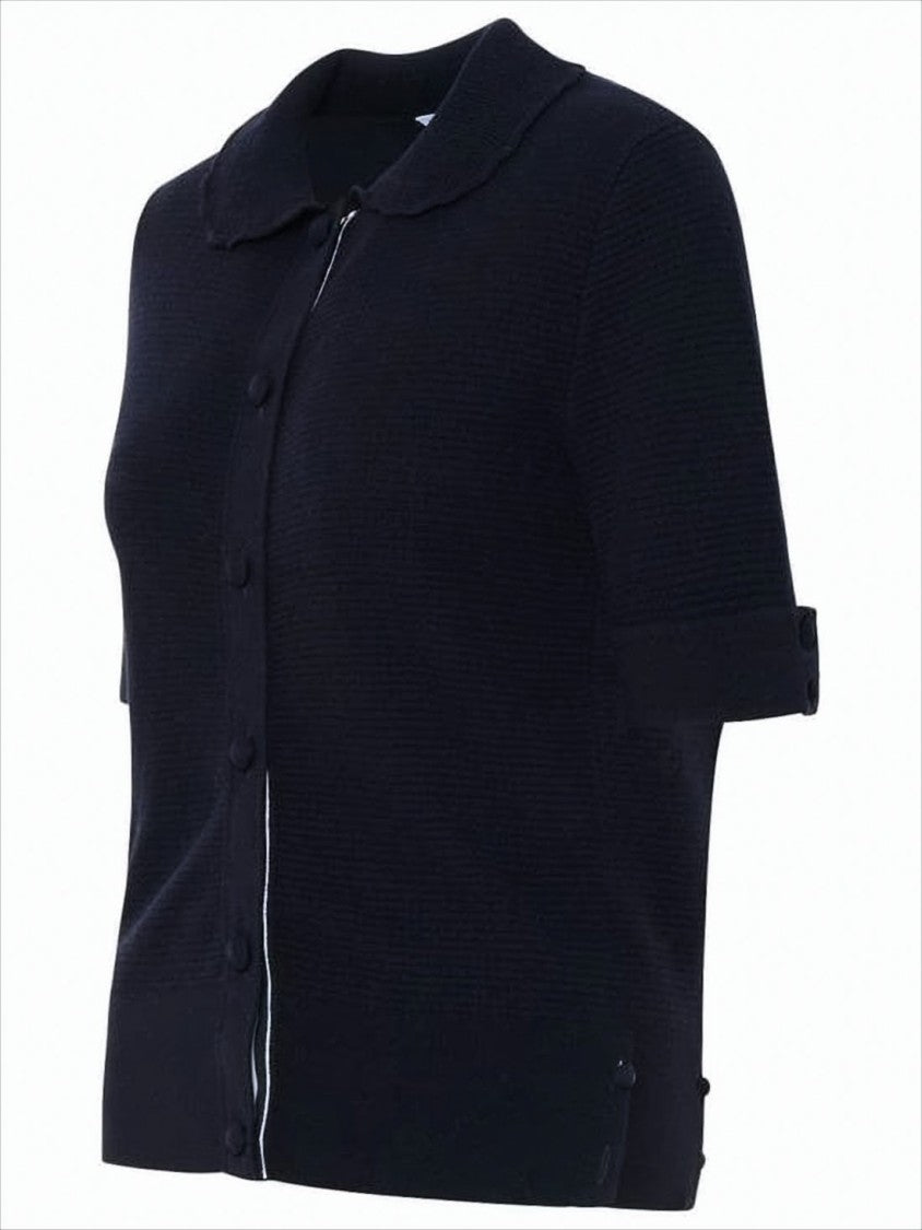 Short-Sleeved Knitted Sweater with Button-Down Front and Unique Lacing