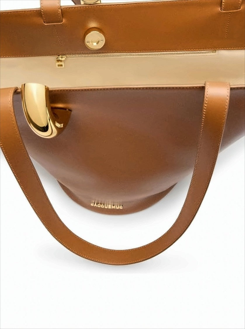 Structured Brown Cow Leather Tote Bag With Gold-Tone Clasp