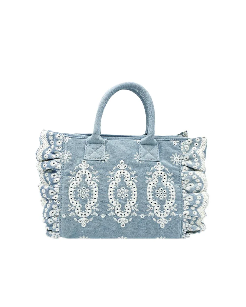 Textured Floral-Embroidered Tote Bag with Ruffled Edges