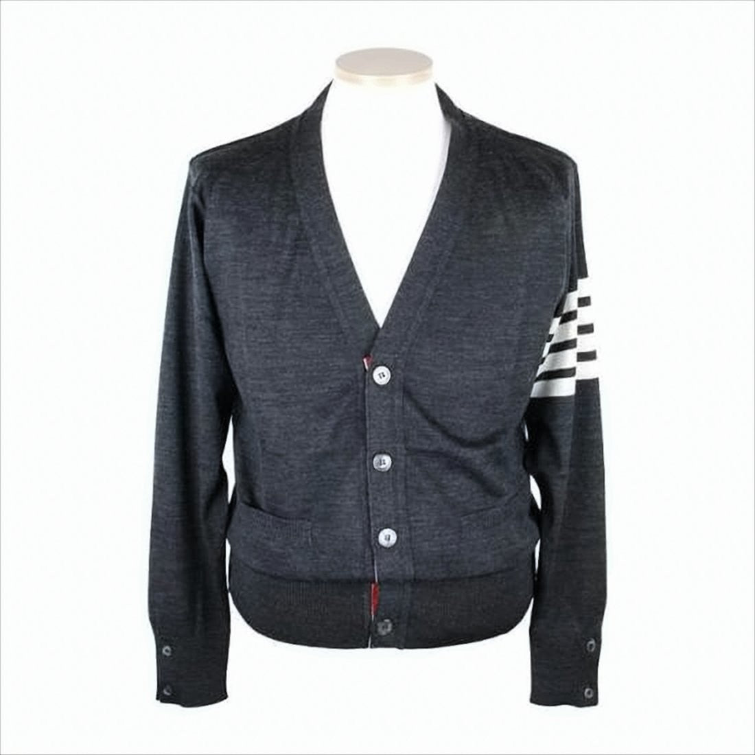 Deep V-Neck Wool Cardigan with Striped Accents