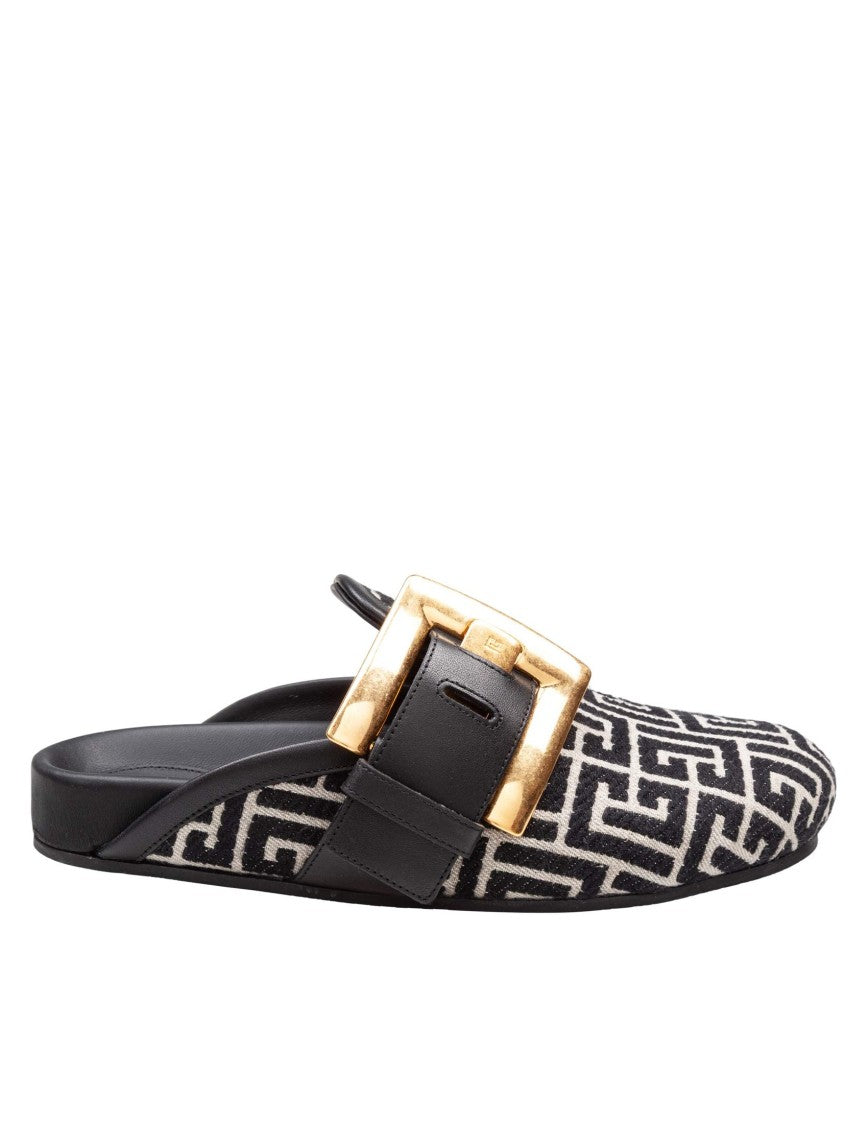 Flat Mule In Jacquard Canvas Black And Ivory