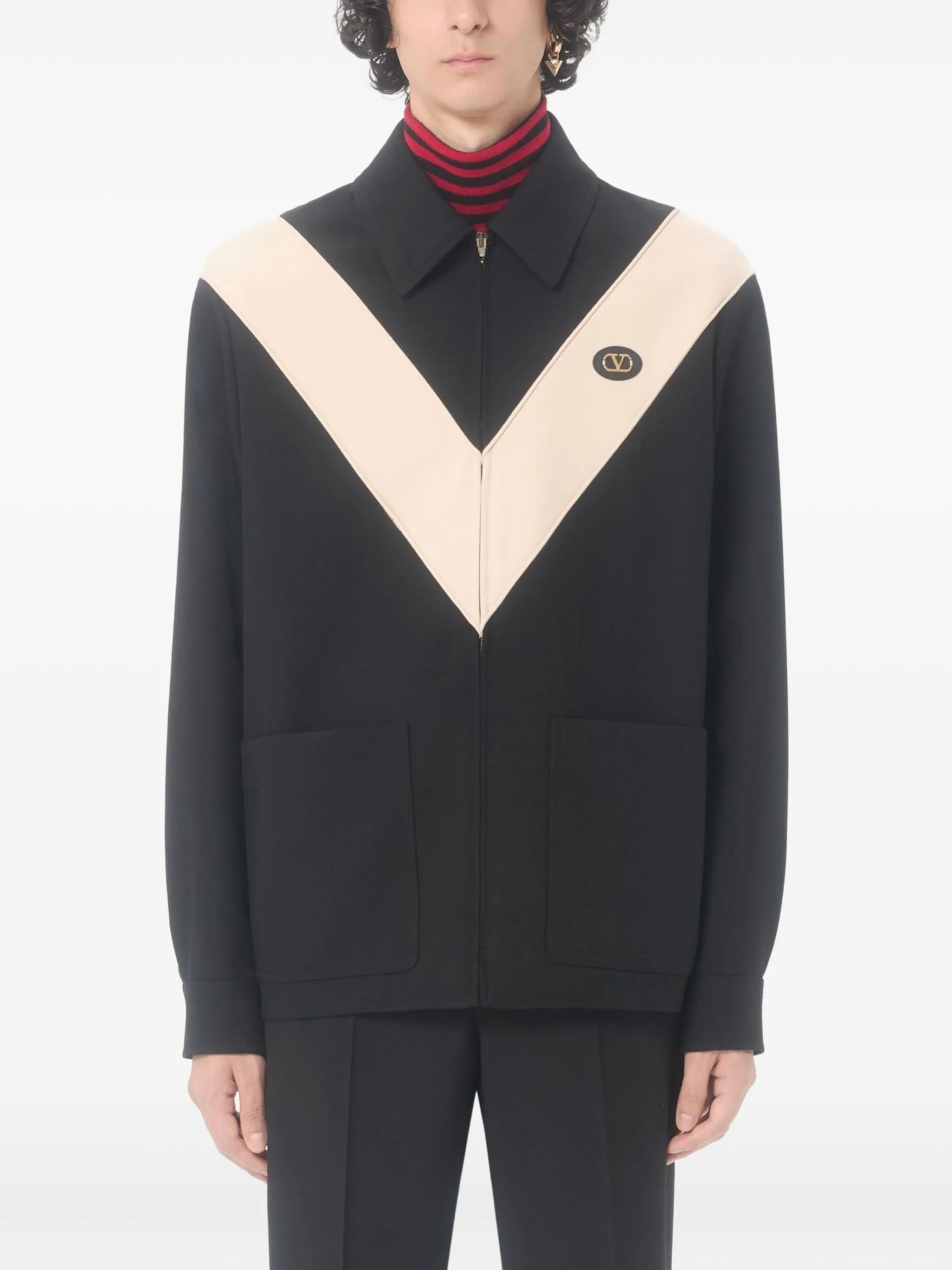 Black V-Shaped Contrast Panel Zip Jacket