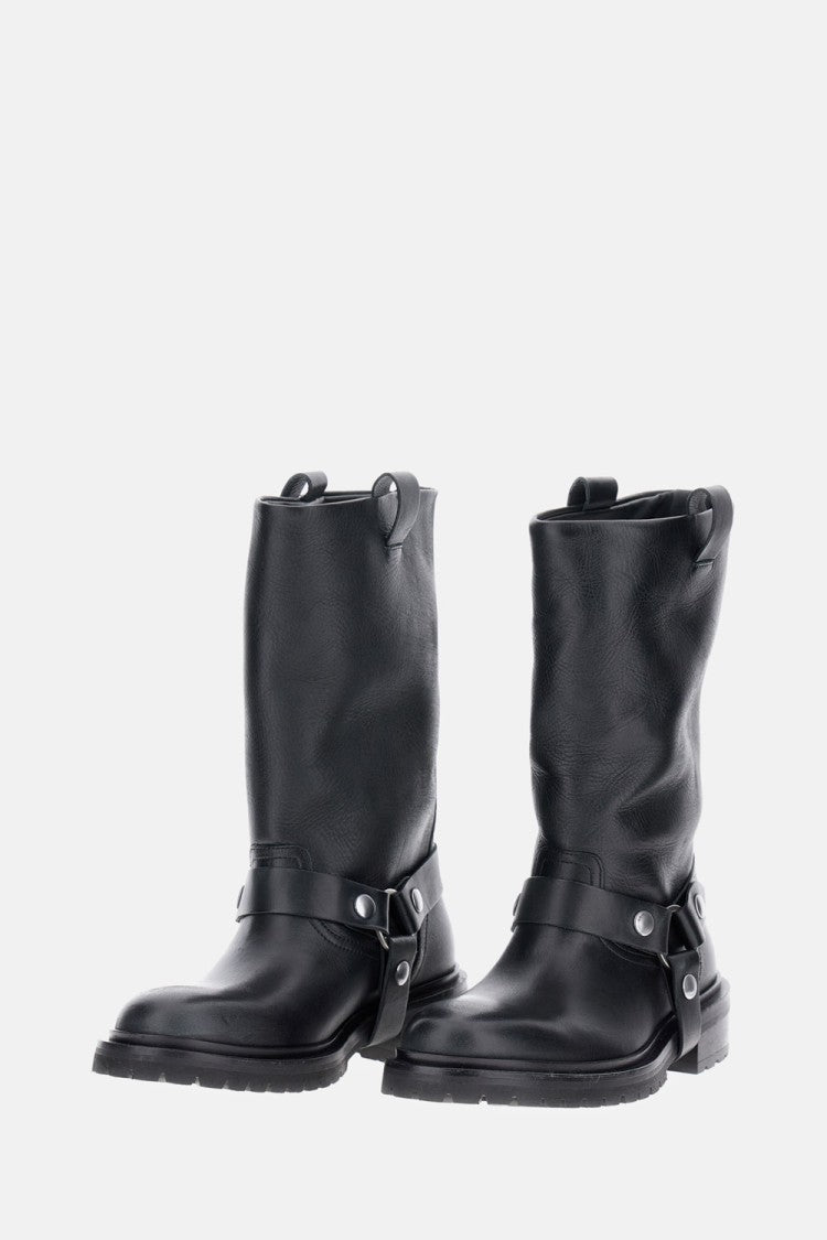 Distressed Black Leather Kurt Boots With Silver Accents