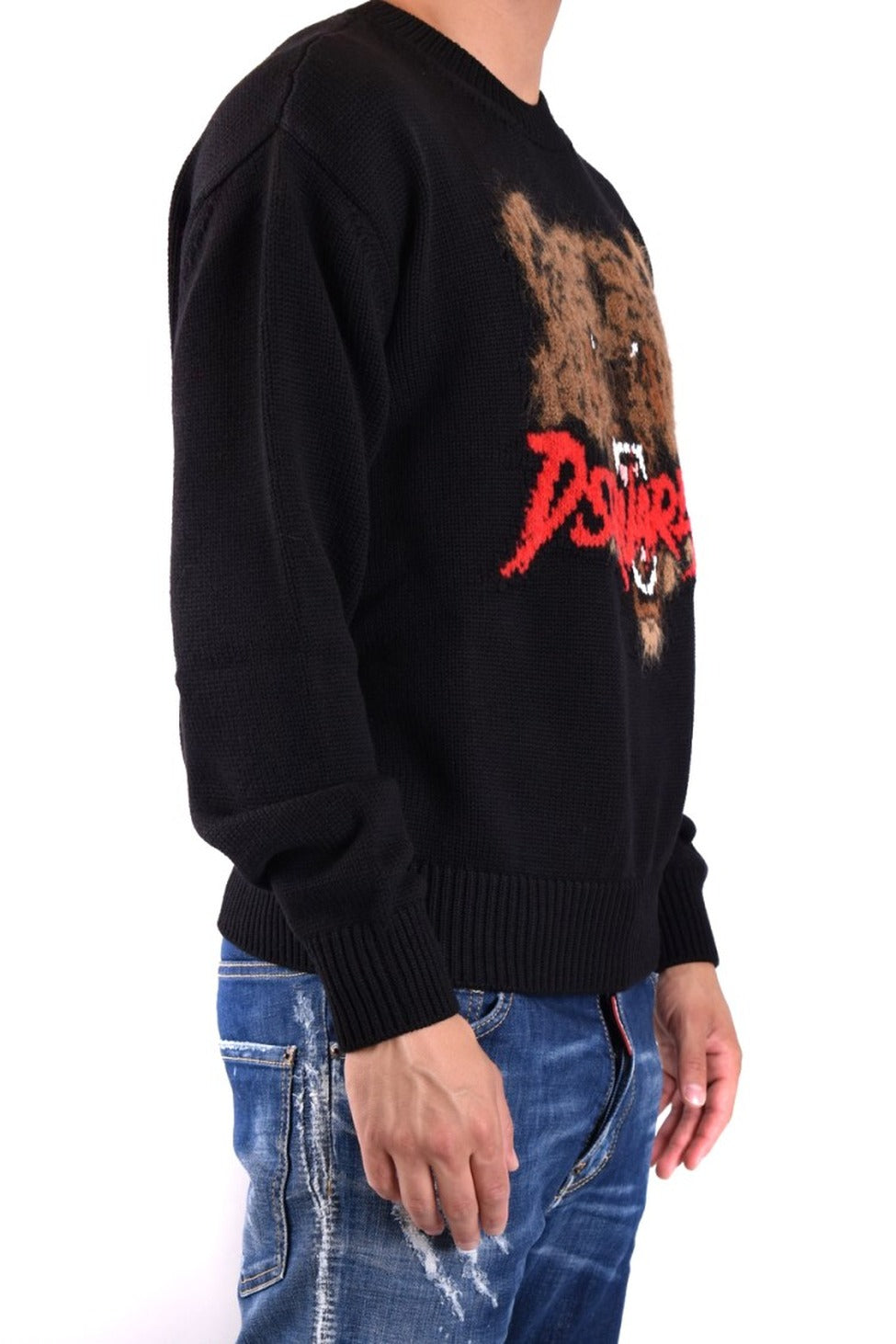 Black Knitwear With Bear Graphic And Relaxed Fit