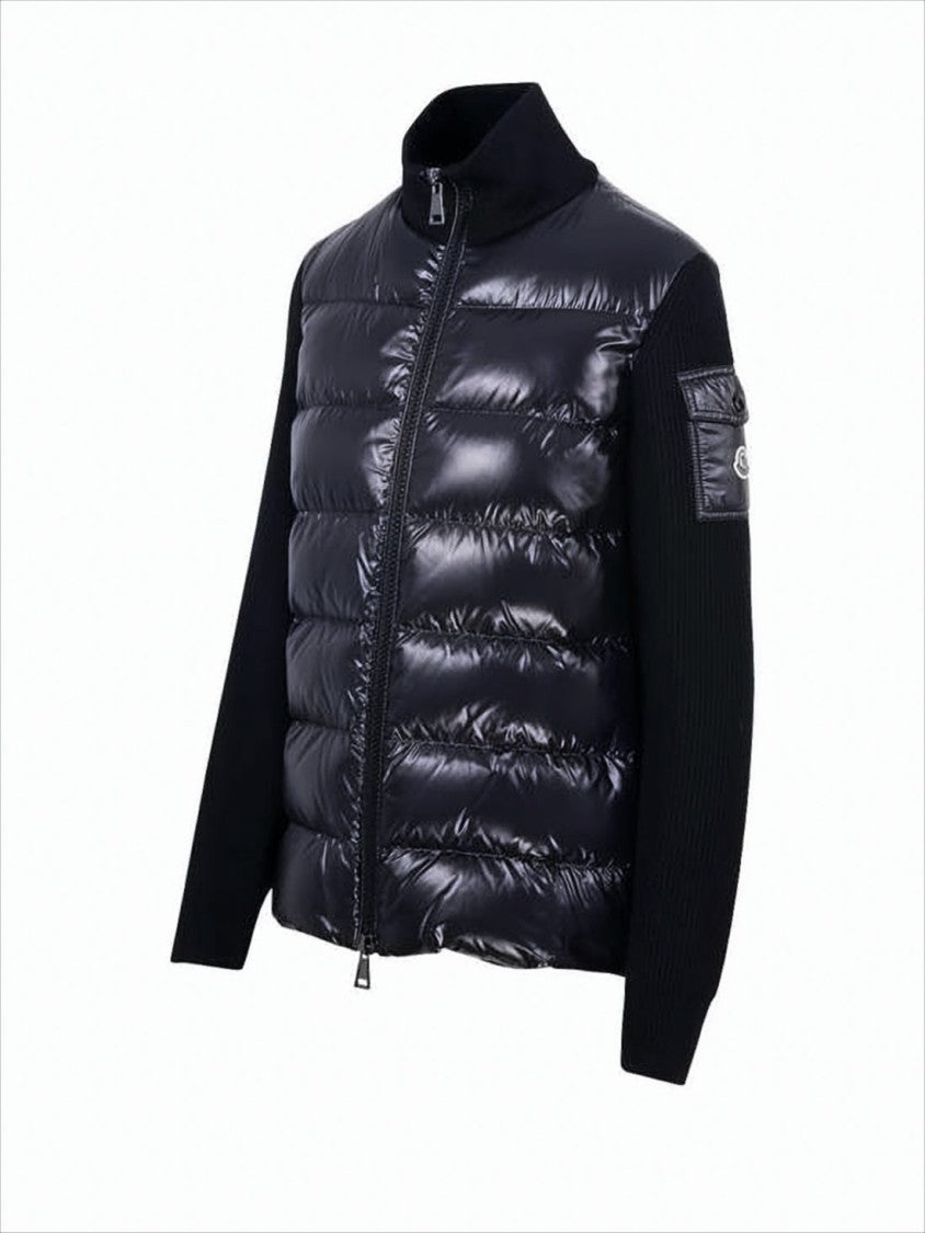 Quilted Down Coat with Textured Knit Sleeves