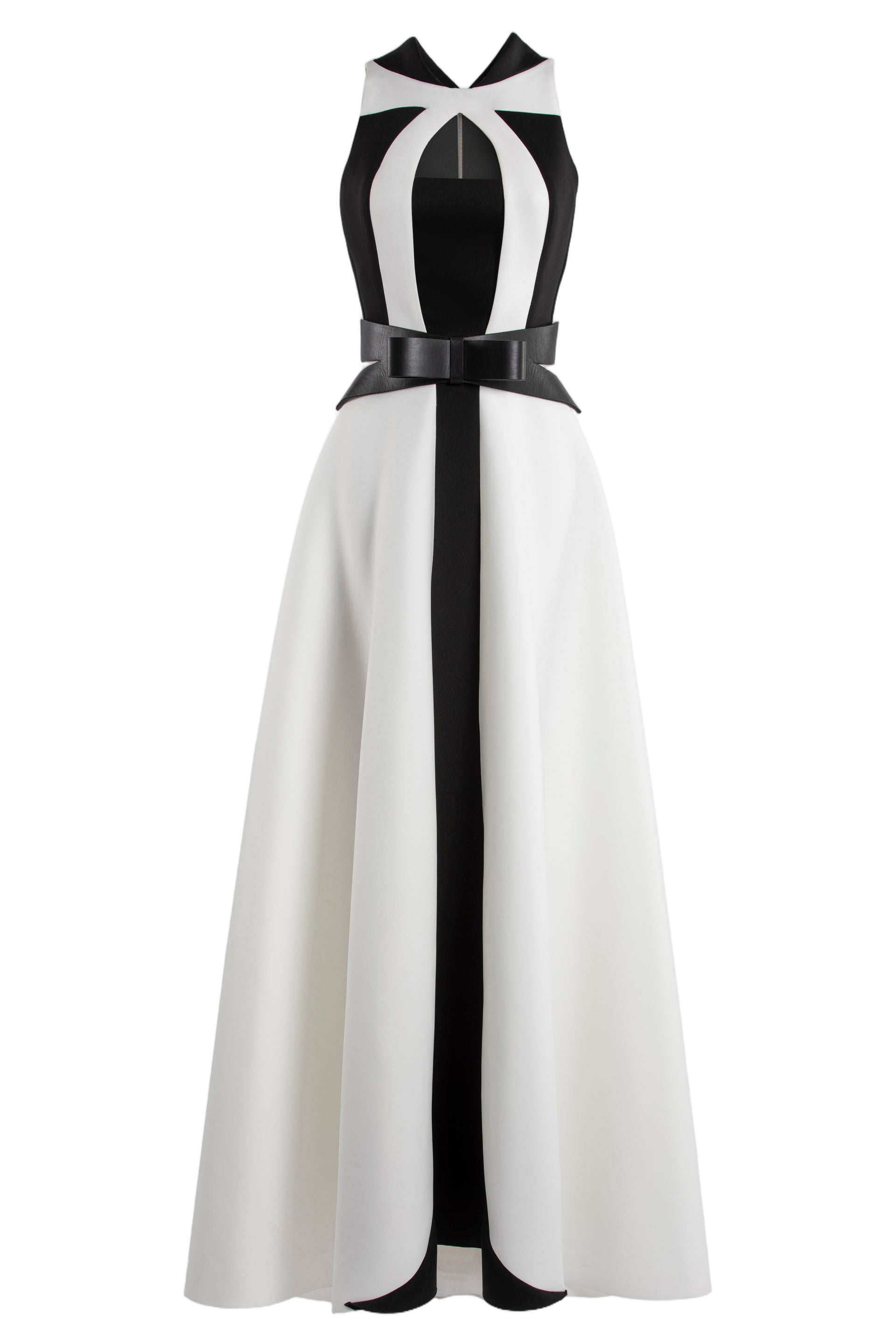Neoprene Dress With Geometric Cutouts And Bow Belt