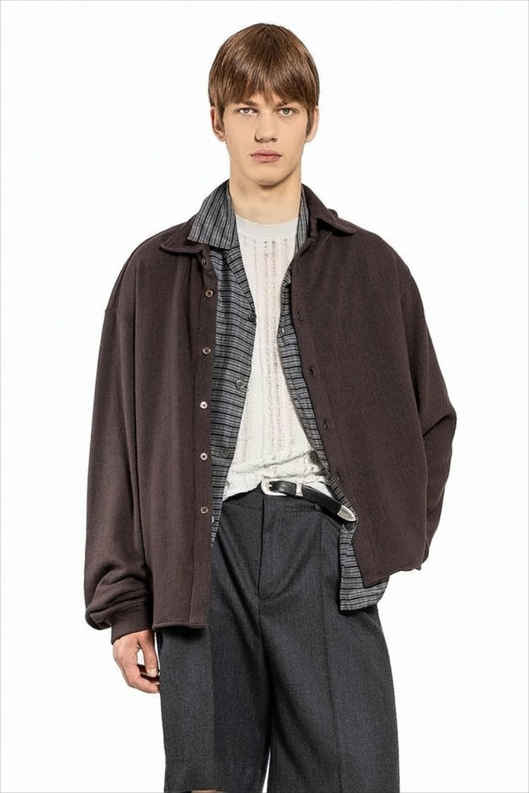 Relaxed Fit Brown Long-Sleeve Shirt with Gathered Cuffs