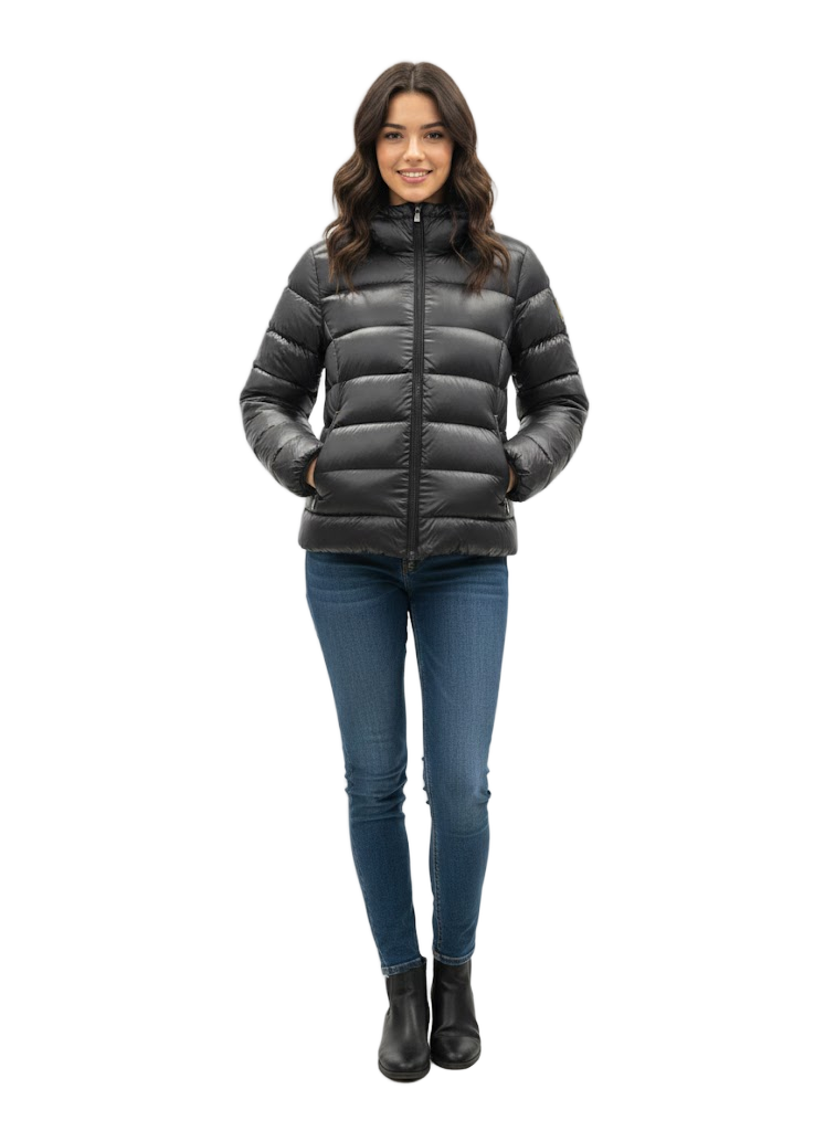 Shiny Padded Hooded Jacket with Horizontal Stripes