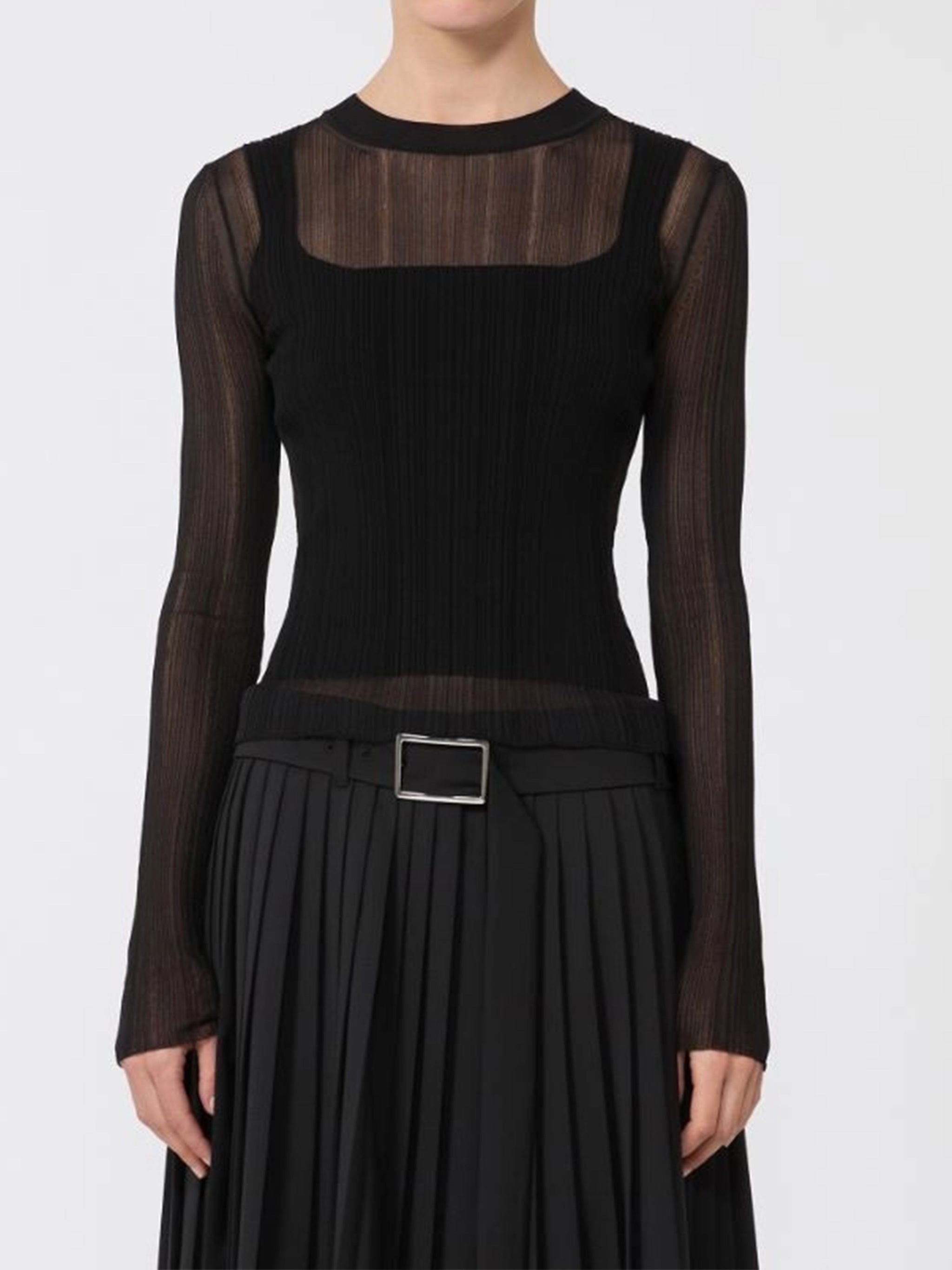 Black Buono Fitted Sheer Ribbed Sweater